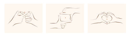 Minimalistic hands gesture set. Frame from fingers, Infinity hand sign, heart shape hands. Love gesture. Single line minimalism. Pastel colours. Peace balance symbol, metaphoric clipart. Shape gestureのイラスト素材