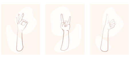 one line gestures hands, Minimalistic symbols set, Like, okay, ok, rock. Positive appreciation insignia. Excellent mark, fingers, graphic silhouette beige colours, sketch. Abstract shapes. Thumb upのイラスト素材