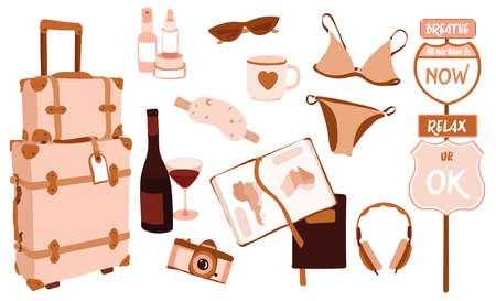 travelling stickers illustration set. Touristic vacation aesthetic. Luxury luggage, map, atlas, road sign, sunglasses sleeping mask wine cup travelling cosmetic bottles. Pink summer vacation lifestyleのイラスト素材