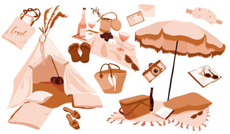 picnic on the beach illustration set. Handmade Indian chalet, plaid with wine, cheese and grapes. beach umbrella with pillows, picnic basket, romantic moments. Postcards, camera, Straw bag, basketのイラスト素材