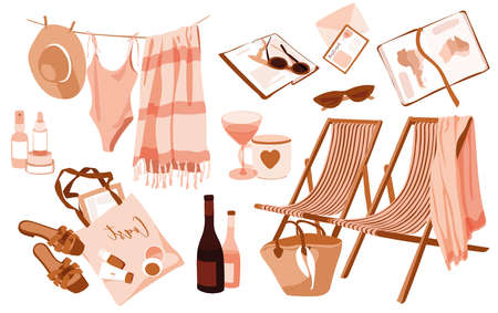 woman beach accessories sticker set. Striped sun longers with plaid, beach towel, swimsuit and straw hat on the rope, SPF, Shopper, Wine bottles, sunglasses. Map atlas. Nostalgic summer illustrationsのイラスト素材