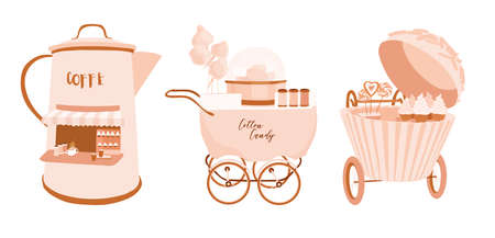Food take away small business illustration set. Rose gold coffee pot store, cotton candy stroller, muffin cart, bakery trolley, patisserie. Vending catering cupcake carts. Cute small marketplaceのイラスト素材