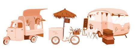 unusual food trucks illustration set. Rose gold Car Flower shop, Wine bicycle, restaurant in trailer, florist stand, straw umbrella. concept of selling outdoor. Small vintage cute car. cafe terraceのイラスト素材