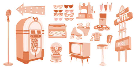 Nostalgic 1950th objects set. Retro typewriter, vintage jukebox, bubble gum machine, rollers, milkshakes, bar chair, retro telephone, sewing machine, sunglasses, vinyl box, microphone, motel sign, gunのイラスト素材