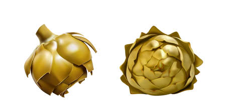 Coocked, steamed globe artichoke flower realistic 3d vector illustration set. Shiny, glossy golden artichokes side wiew isolated on whive background. Cutted half of prepared artichoke, bio, diet,のイラスト素材
