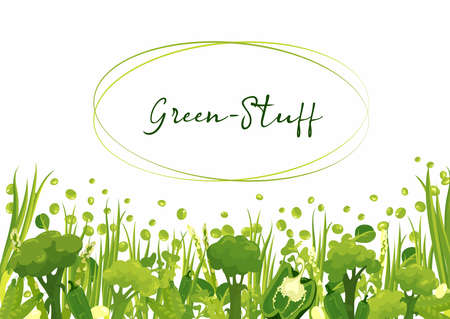 Green goods, fresh vegetables, green-stuff vector border set. Avocado, pees bell pepper jalapeno green onion spinach cress salad, asparagus, broccoli, vitamin splash, salad. Banner advertisingのイラスト素材