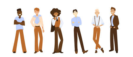 characters office men, businesmen big isolated vector set. Cartoon personalities in office clothes, suits, trousers, shirts, successful poses, team work Different races, ethnic multicultural office.のイラスト素材