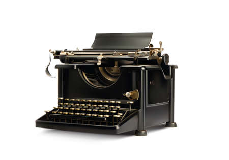Old styled vintage typewriter realistic 3d vector illustration. Side view typing machine isolated on white. Idea machine, literature symbol. Journalistic typescript inspirational retro nostalgiaの写真素材