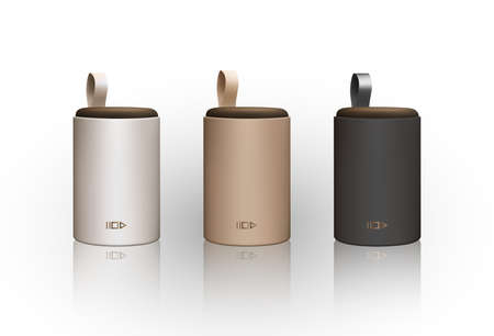 handsfree portable outdoor speakers realistic vector illustration. 3d concept model of blue tooth wireless speaker Music column front view Isolated on white. Golden, white, black computer accessoriseの写真素材