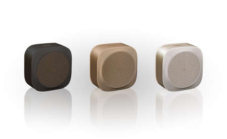 handsfree portable outdoor speakers realistic vector illustration. 3d concept model of wireless square speaker Music column front view Isolated on white. Golden, white, black computer accessorisesの写真素材