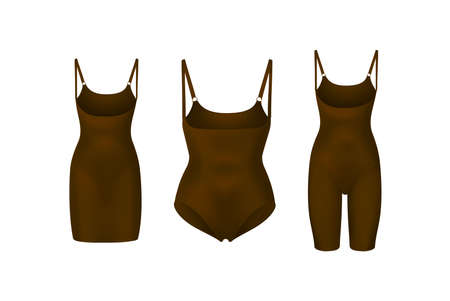 corrective lingerie shapewear 3d realistic vector illustration set. Beige silk underwear isolated on white. Front view. Body shaper. Lifting suits. Sexy corset tightening. Panty seductive brown.のイラスト素材