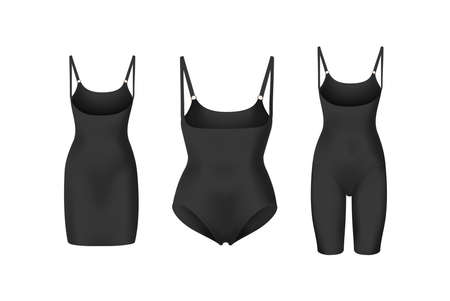 corrective lingerie shapewear 3d realistic vector illustration set. Beige silk underwear isolated on white. Front view. Body shaper. Lifting suits. Sexy corset tightening. Panty seductive black.のイラスト素材
