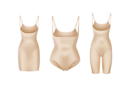 corrective lingerie shapewear 3d realistic vector illustration set. Beige silk underwear isolated on white. Front view. Body shaper. Lifting suits. Sexy corset tightening. Panty seductive beige.のイラスト素材