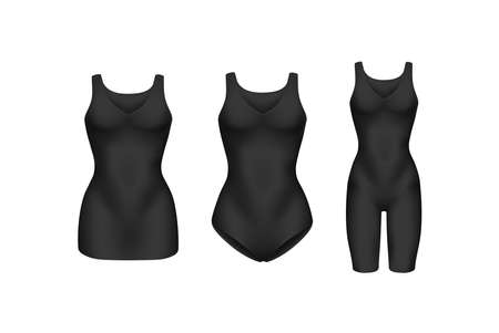 corrective lingerie shapewear 3d realistic vector illustration set. Beige silk underwear isolated on white. Front view. Body shaper. Lifting suits. Sexy corset tightening. Panty seductive black.のイラスト素材