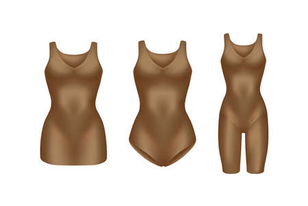 corrective lingerie shapewear 3d realistic vector illustration set. Beige silk underwear isolated on white. Front view. Body shaper. Lifting suits. Sexy corset tightening. Panty seductive gold.のイラスト素材