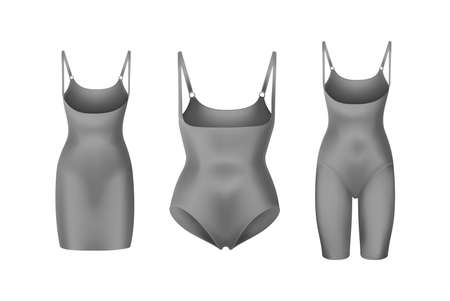 corrective lingerie shapewear 3d realistic vector illustration set. Beige silk underwear isolated on white. Front view. Body shaper. Lifting suits. Sexy corset tightening. Panty seductive grey.の写真素材