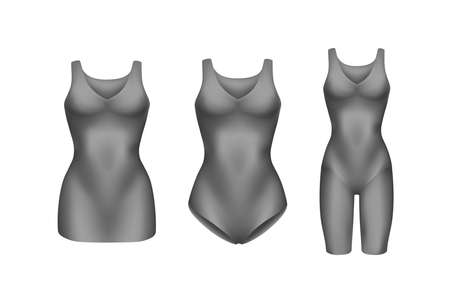 corrective lingerie shapewear 3d realistic vector illustration set. Beige silk underwear isolated on white. Front view. Body shaper. Lifting suits. Sexy corset tightening. Panty seductive grey.の写真素材