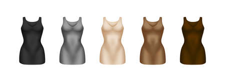 corrective lingerie shapewear 3d realistic vector illustration set. Beige silk underwear isolated on white. Front view. Body shaper. Lifting suits. Sexy corset tightening. Panty seductive black.のイラスト素材