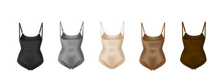 corrective lingerie shapewear 3d realistic vector illustration set. Beige silk underwear isolated on white. Front view. Body shaper. Lifting suits. Sexy corset tightening. Panty seductive black.のイラスト素材