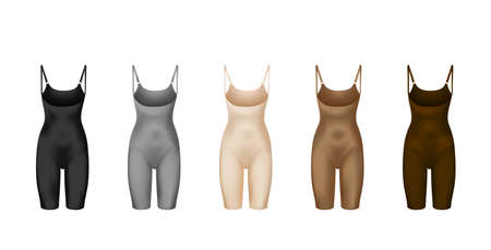 corrective lingerie shapewear 3d realistic vector illustration set. Beige silk underwear isolated on white. Front view. Body shaper. Lifting suits. Sexy corset tightening. Panty seductive black.のイラスト素材