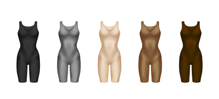 corrective lingerie shapewear 3d realistic vector illustration set. Beige silk underwear isolated on white. Front view. Body shaper. Lifting suits. Sexy corset tightening. Panty seductive black.の写真素材