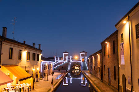 Comacchio, January 3 2017: View of the historic bridge Treppontiのeditorial素材