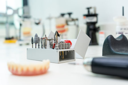 Dental laboratory tools on white tableの写真素材
