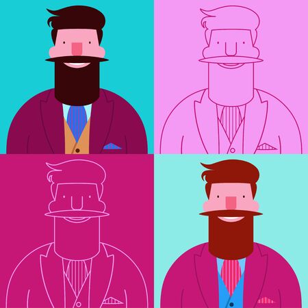 Seamless pattern with four bearded happy hipsters isolated on square backgrounds
