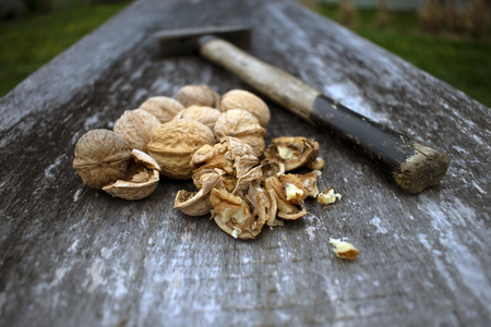 Close up of cracked walnuts on rustic wooden board with hammer in backgroun.