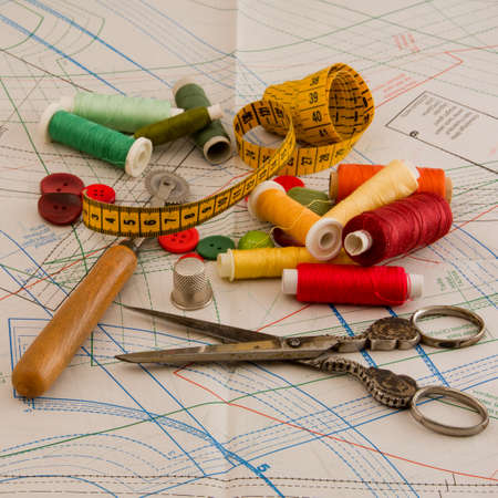 tailoring process,  set of old seamstress for needleworkの写真素材