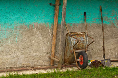 wheelbarrow and shovelの写真素材