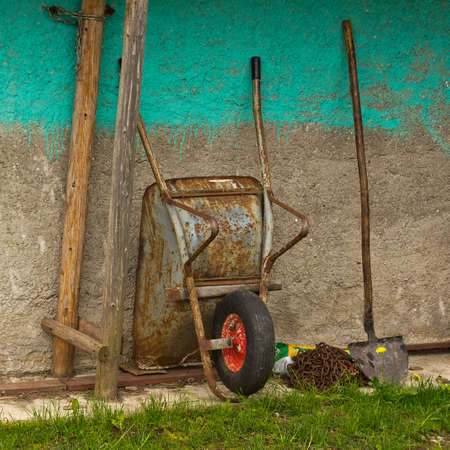 wheelbarrow and shovelの写真素材