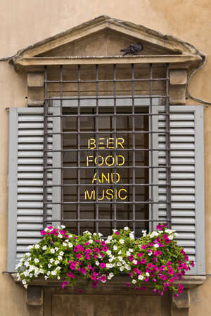 beer, food and music neon light sign selective focusの写真素材