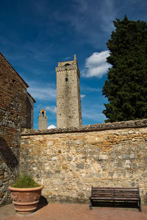 bench on the streets of San Gimignano, Italyの写真素材