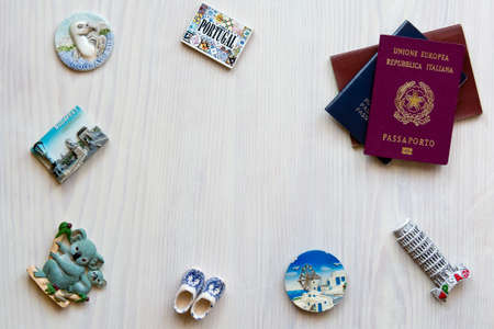 various passports and souvenir magnets from several world countryの写真素材