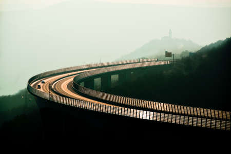 Open highway at sunset, old Polaroid saturationの写真素材