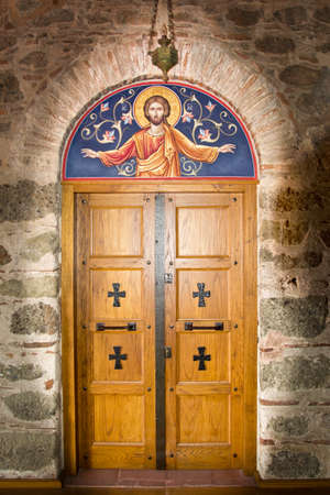 decorated monastery room door in the  Monastery of Great Meteoron, Meteora, Greeceの写真素材