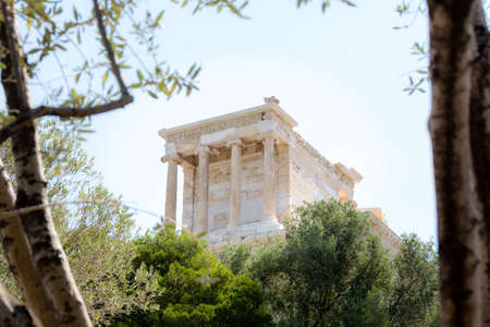 view of the Acropolis through the olive tree in Athens , Greeceの写真素材