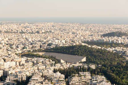 View of Athens from Lycabettus Hill with the Panathenaic Stadium in the center of the photo , Greeceの写真素材