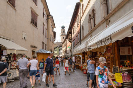tourists visit the center of Levico Terme, a village in the Italian Alps , Iatly ,  Trentino-Alto Adige/Südtirol region , photographed July 29.2017.のeditorial素材