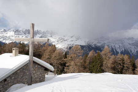 cottage covered with snow, Andalo, Trentino-Alto Adige ,Italyのeditorial素材