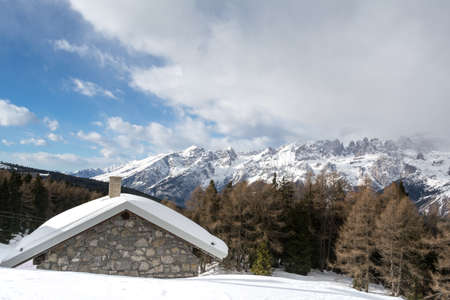 cottage covered with snow, Andalo, Trentino-Alto Adige ,Italyのeditorial素材
