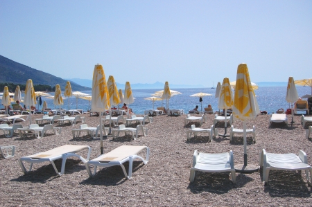 Beach chairs on Golden Cape, Croatiaの写真素材