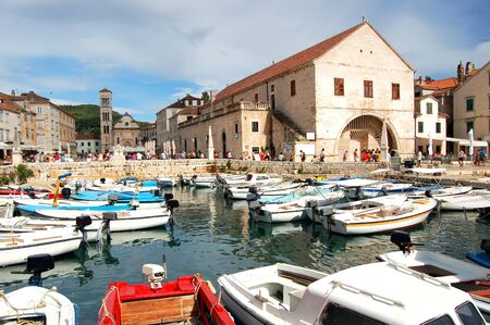 Picturesque scene of boats in town Hvar, Croatiaの写真素材