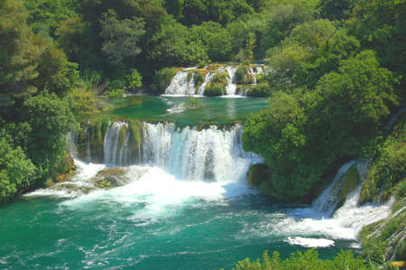 Picturesque majestic scene of waterfalls in Krka National Park in Croatiaの写真素材