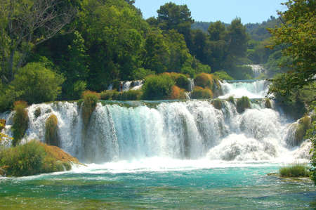Picturesque majestic scene of waterfalls in Krka National Park in Croatiaの写真素材