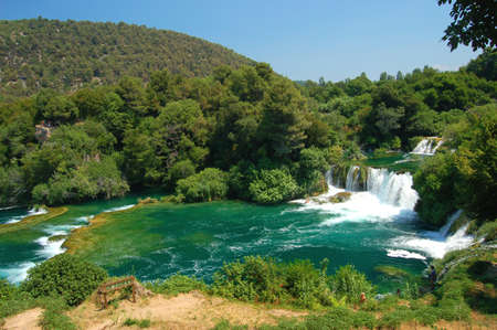Picturesque majestic scene of waterfalls in Krka National Park in Croatiaの写真素材
