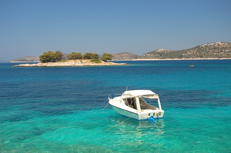 Picturesque scenic view of boat on adriatic waters, Croatiaの写真素材