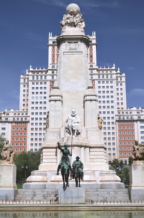 The monument of Miguel Cervantes on Plaza de Espana in Madrid, Spainの写真素材