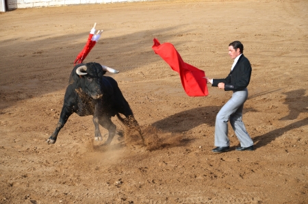Fontanar, Spain  August 19, 2012 : Toreador fighting with bull during corrida show.のeditorial素材
